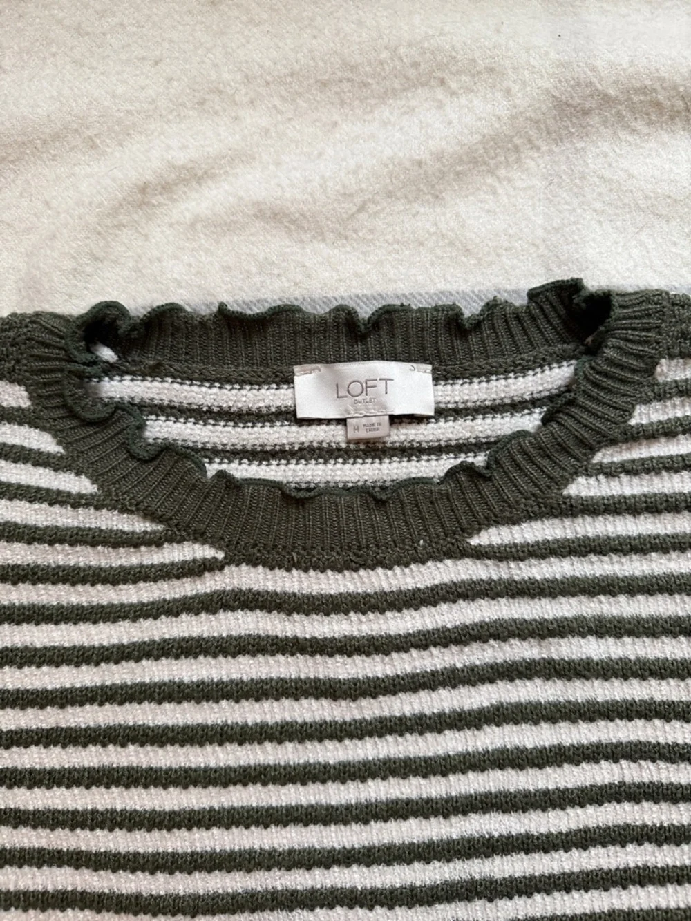 LOFT Striped Short Sleeve Knit Top in Olive and Cream
